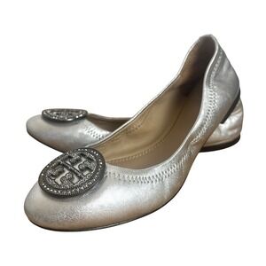 Tory Burch Silver Metallic Leather Pave Sparkle Logo Liana‎ Ballet Flats 5M